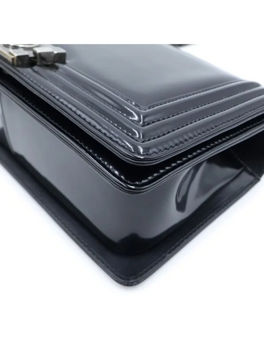 Chanel Boy Shoulder Bag Patent Leather Black Silver